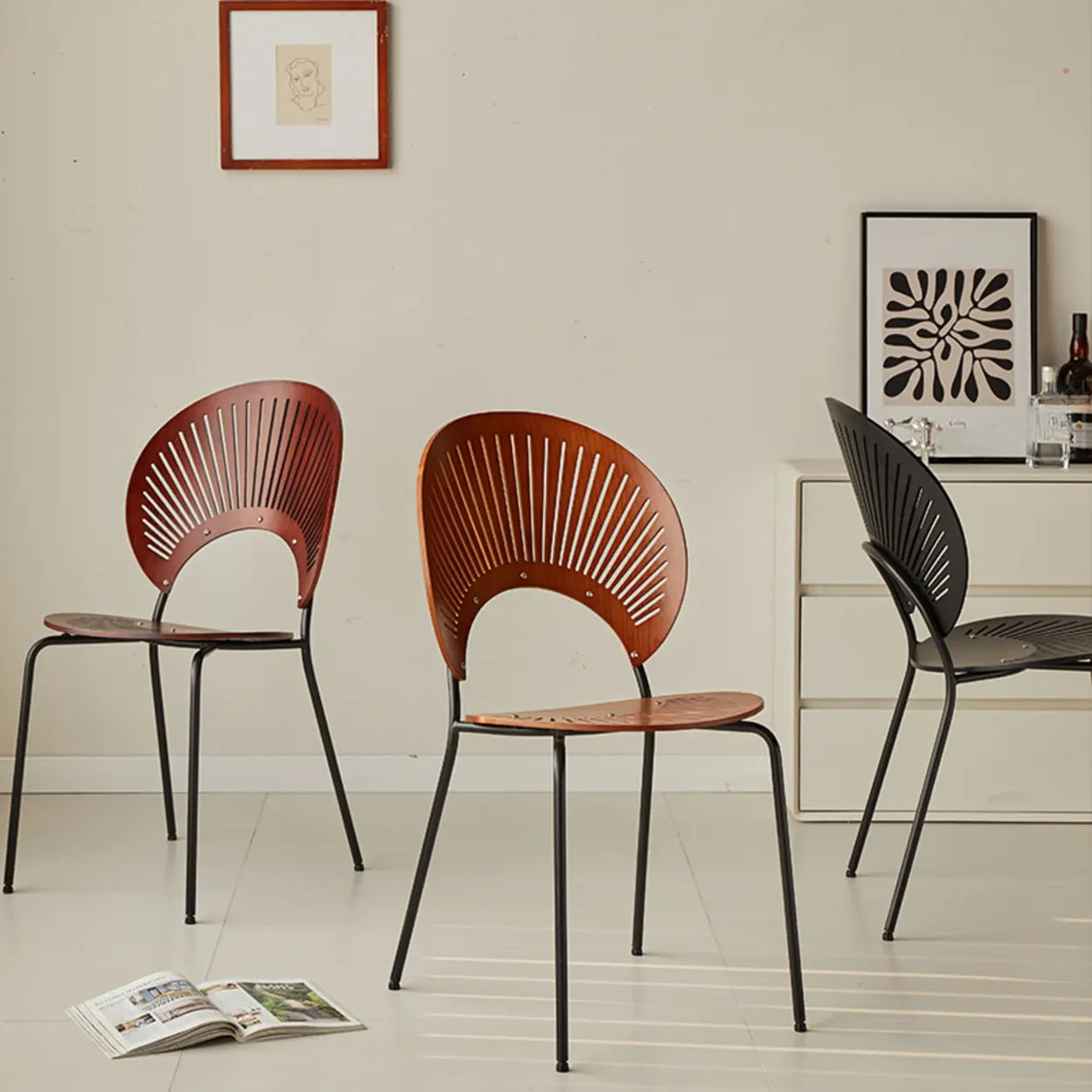 Wood Hollow Fan-Shaped Open Back Dining Chair Nut-Brown Image - 8