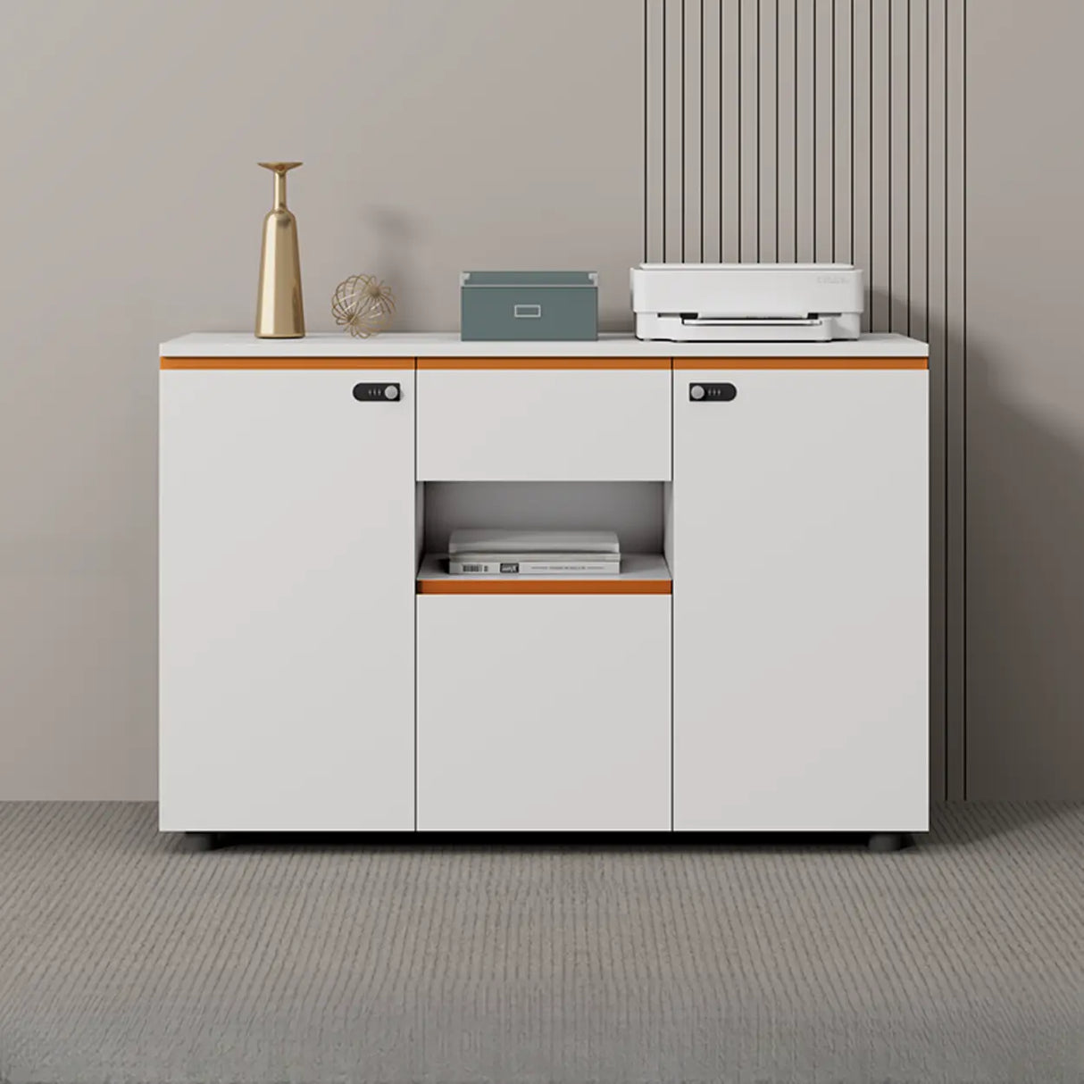 Wood Horizontal White Filing Cabinet with Shelving Image - 9