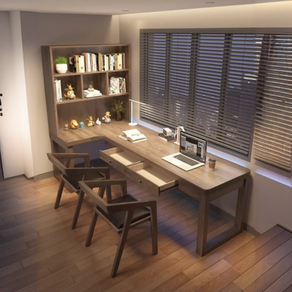 Wood Hutch Drawers L-Shape Double Computer Desk Image - 1