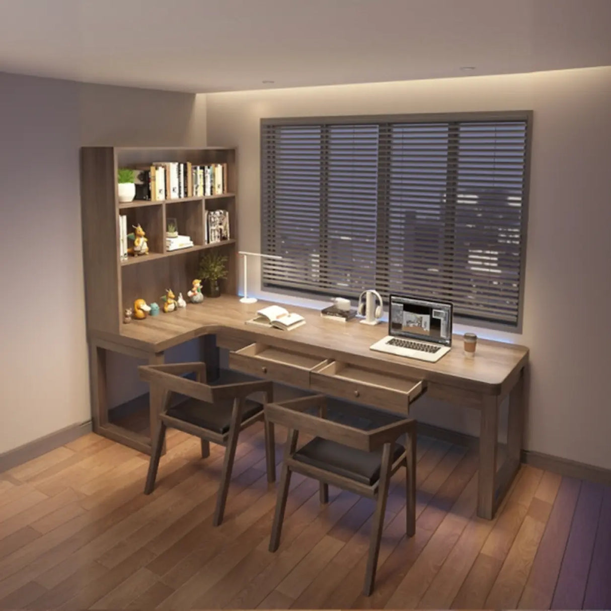 Wood Hutch Drawers L-Shape Double Computer Desk Image - 4