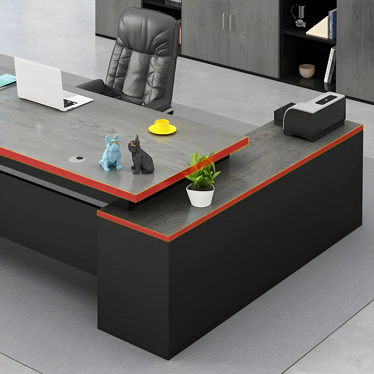 Wood L-Shape Metal Pedestal Executive Desk with Cabinet Image - 6