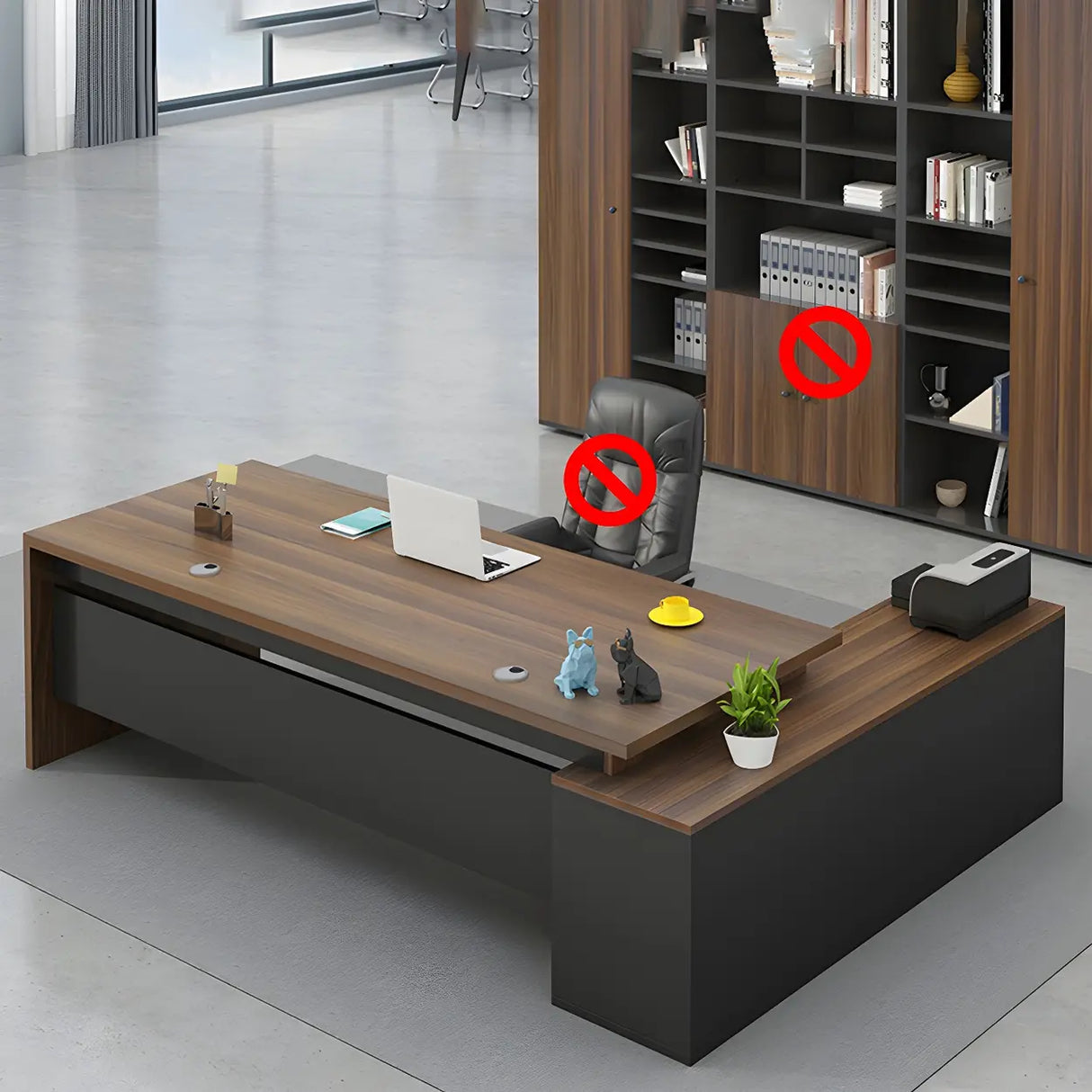 Wood L-Shape Metal Pedestal Executive Desk with Cabinet Image - 8