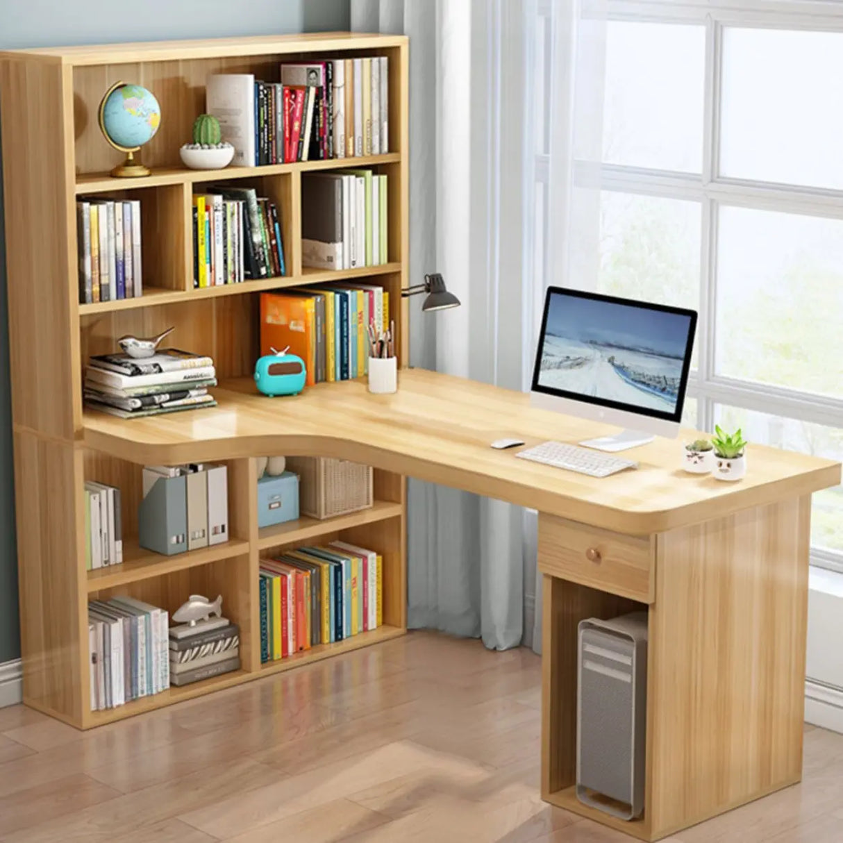 Wood L-Shaped Storage Kids Computer Desk with Hutch Image - 1