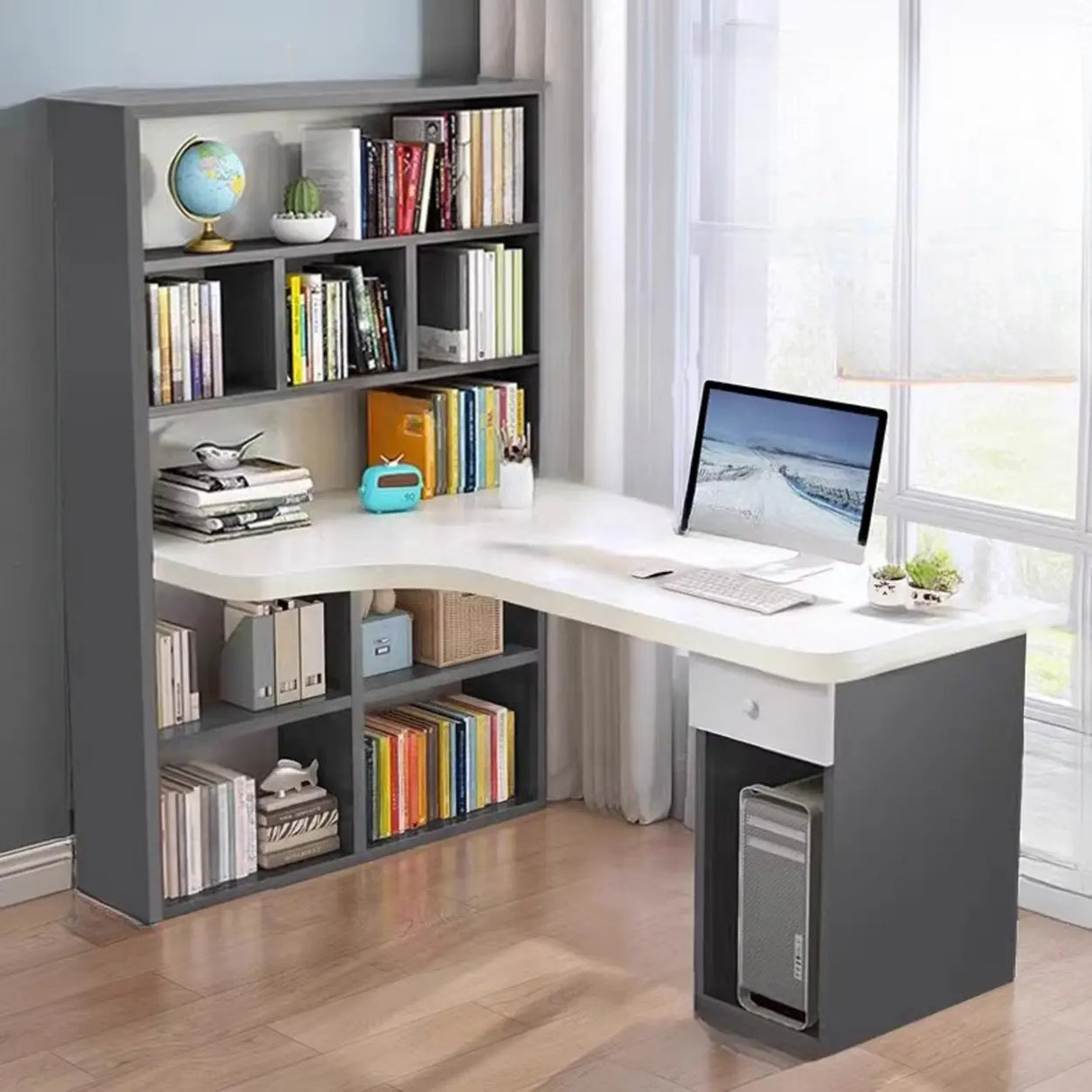 Wood L-Shaped Storage Kids Computer Desk with Hutch Image - 5