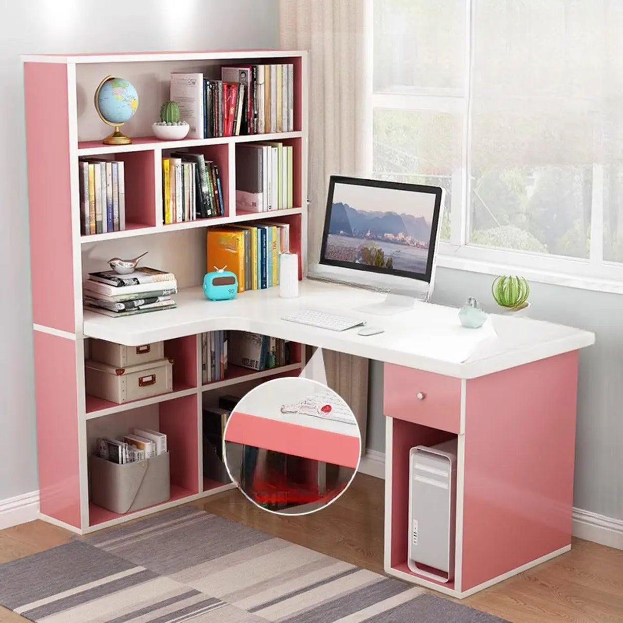 Wood L-Shaped Storage Kids Computer Desk with Hutch Image - 7
