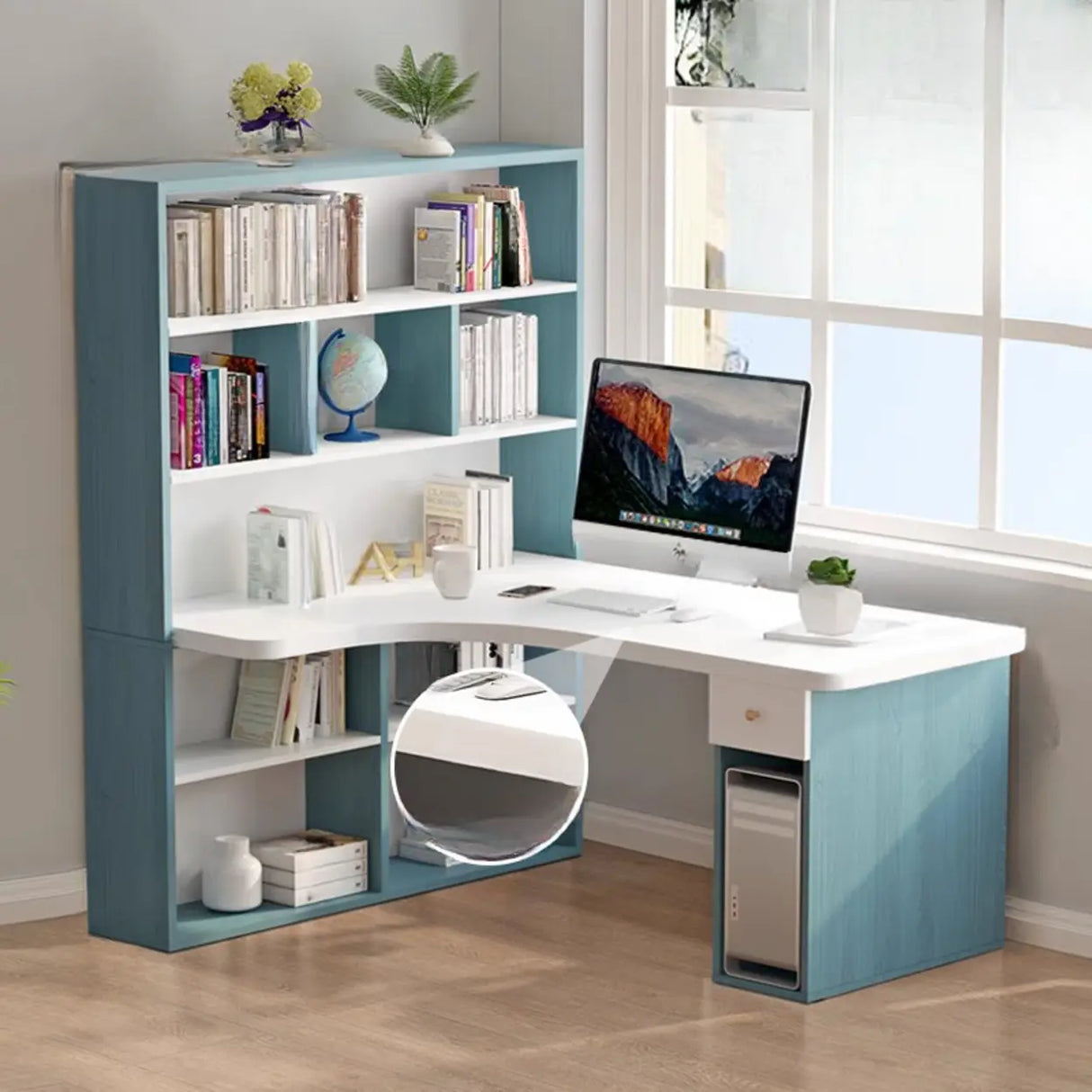 Wood L-Shaped Storage Kids Computer Desk with Hutch Image - 9