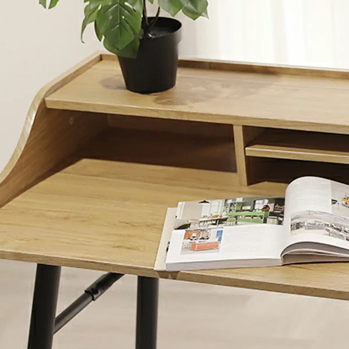 Wood Natural Finish Monitor Stand H-Shape Writing Desk Image - 10