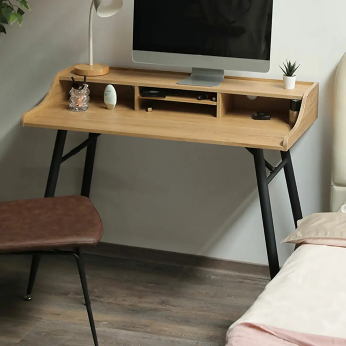 Wood Natural Finish Monitor Stand H-Shape Writing Desk Image - 11