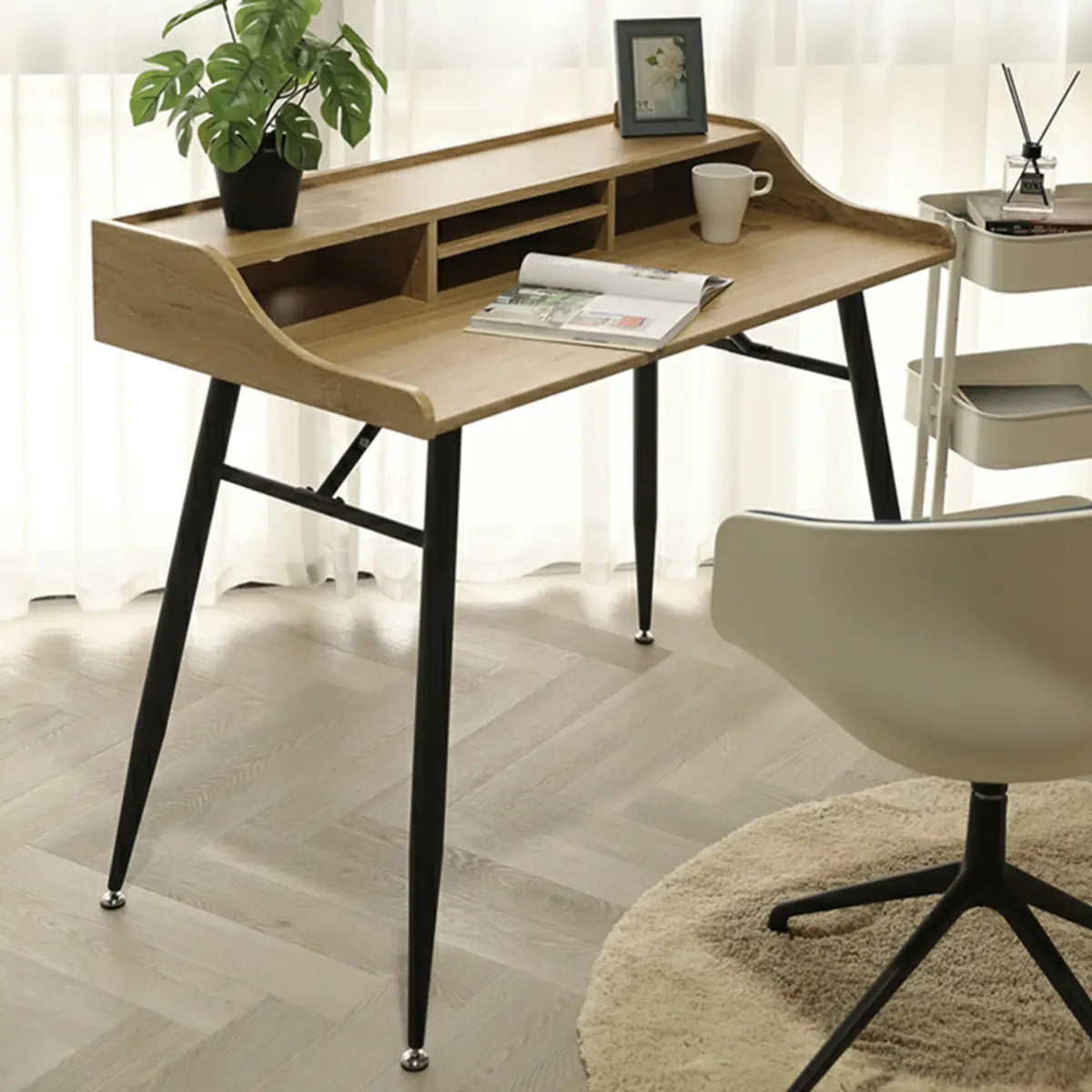 Wood Natural Finish Monitor Stand H-Shape Writing Desk Image - 2