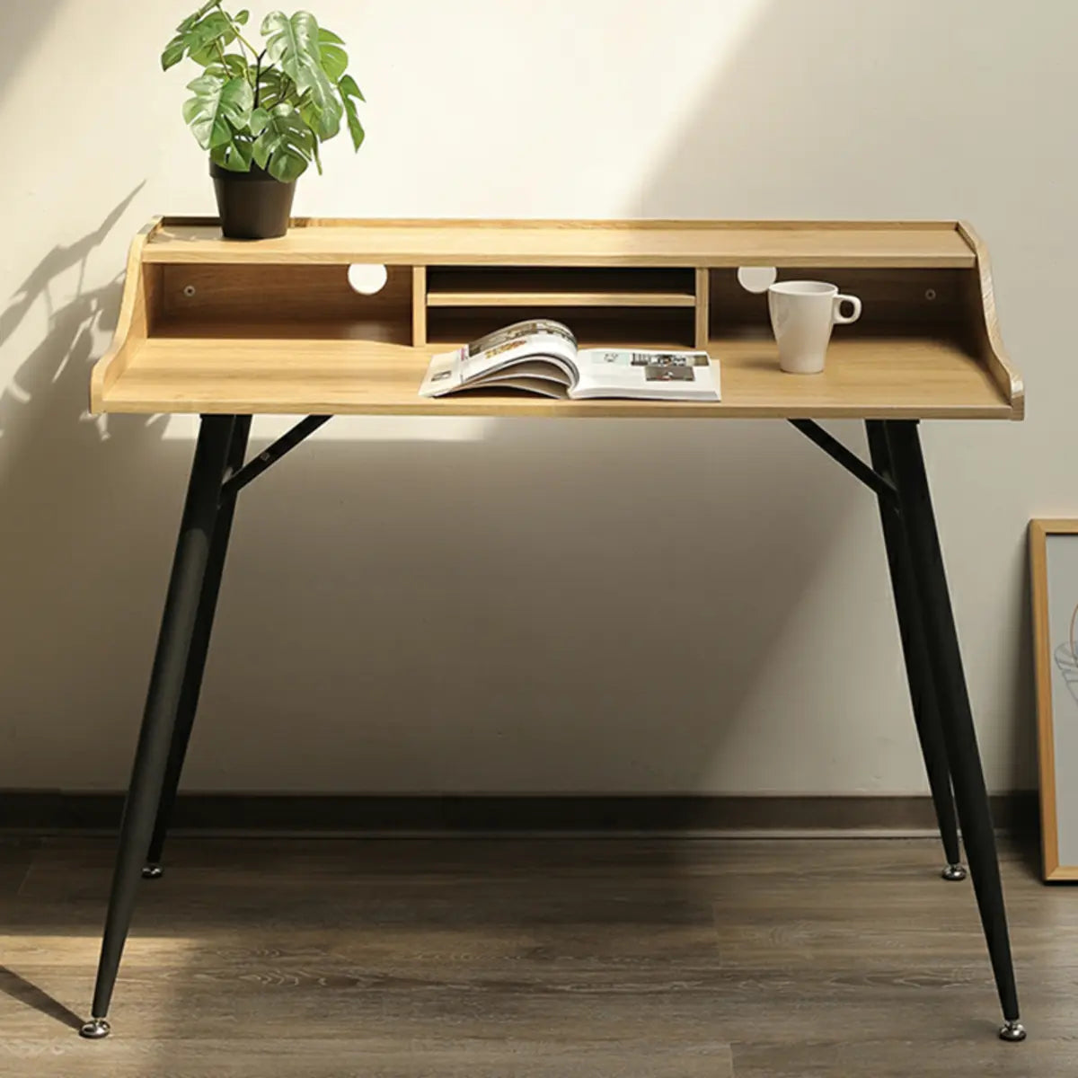 Wood Natural Finish Monitor Stand H-Shape Writing Desk Image - 3