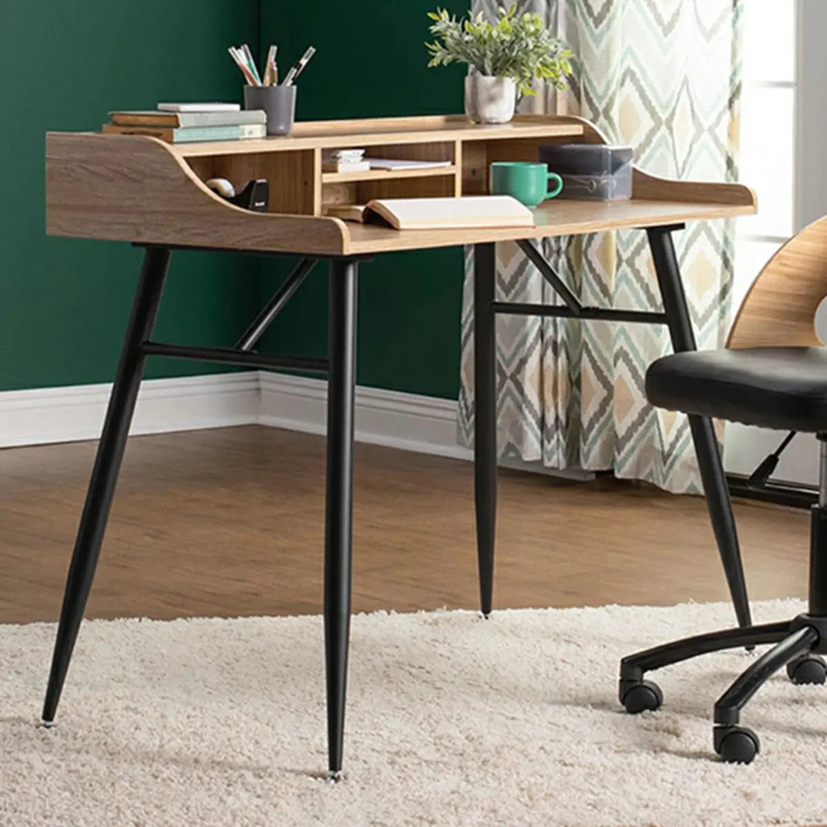 Wood Natural Finish Monitor Stand H-Shape Writing Desk Image - 4