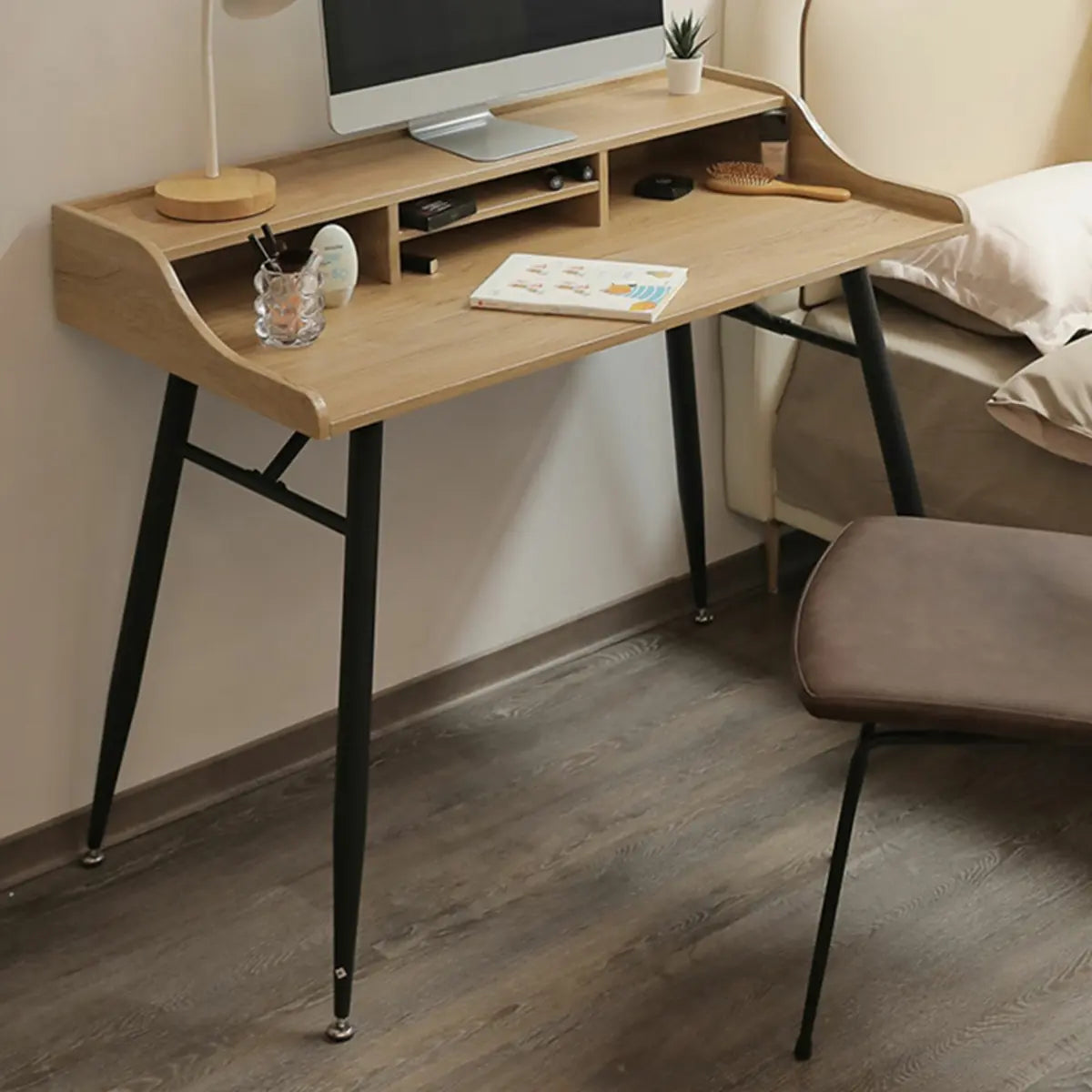 Wood Natural Finish Monitor Stand H-Shape Writing Desk Image - 5