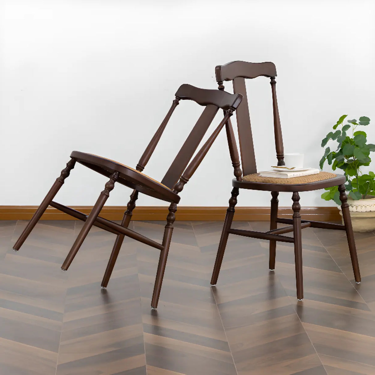 Wood Open Slat Back Ash Dining Chairs Black Walnut Image - 8