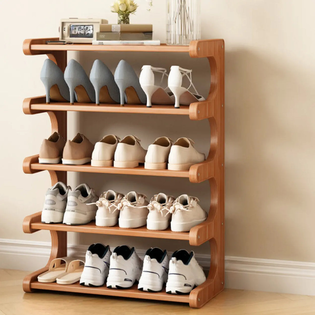 Wood Open Storage Vertical Freestanding Brown Shoe Rack Image - 17
