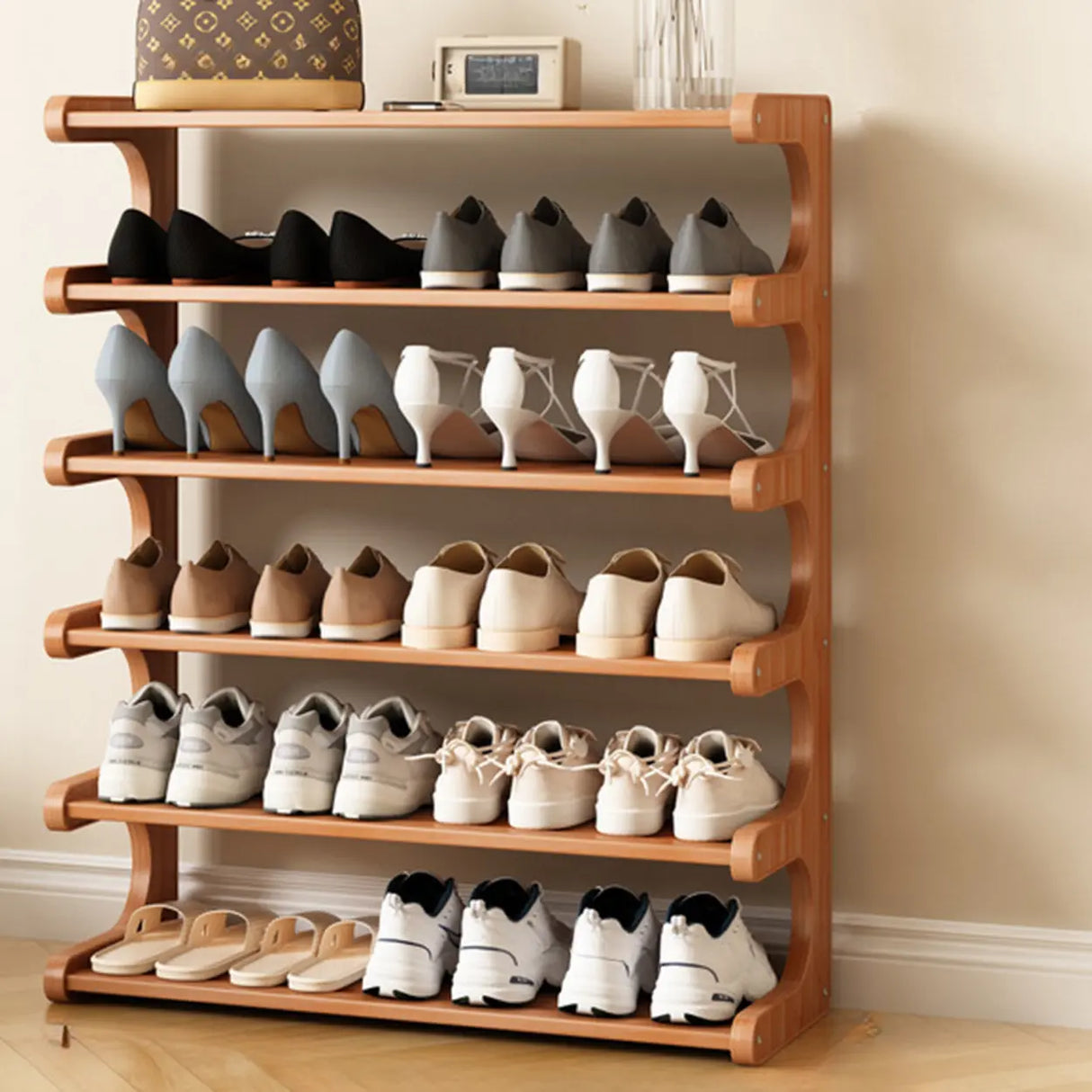 Wood Open Storage Vertical Freestanding Brown Shoe Rack Image - 18