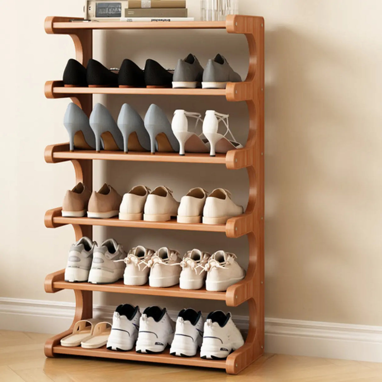 Wood Open Storage Vertical Freestanding Brown Shoe Rack Image - 19