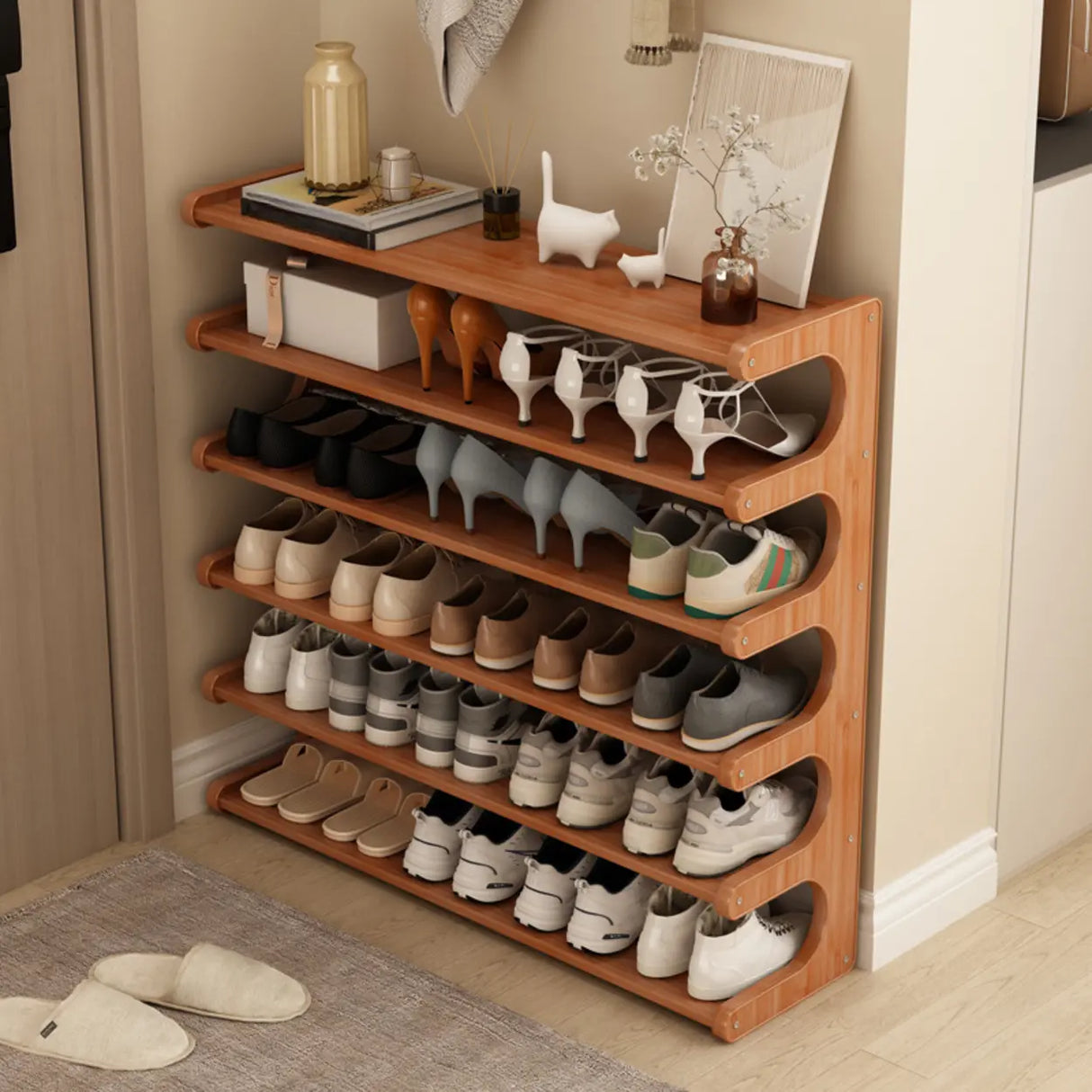 Wood Open Storage Vertical Freestanding Brown Shoe Rack Image - 1