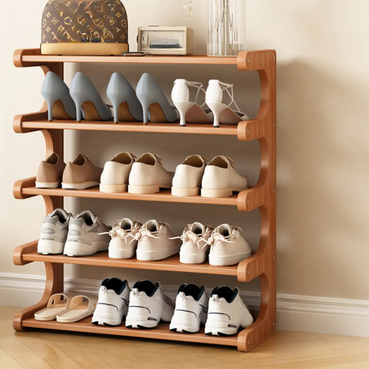 Wood Open Storage Vertical Freestanding Brown Shoe Rack Image - 22