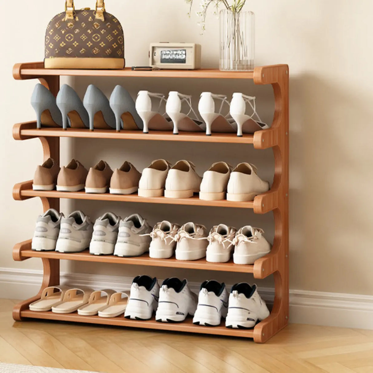 Wood Open Storage Vertical Freestanding Brown Shoe Rack Image - 23