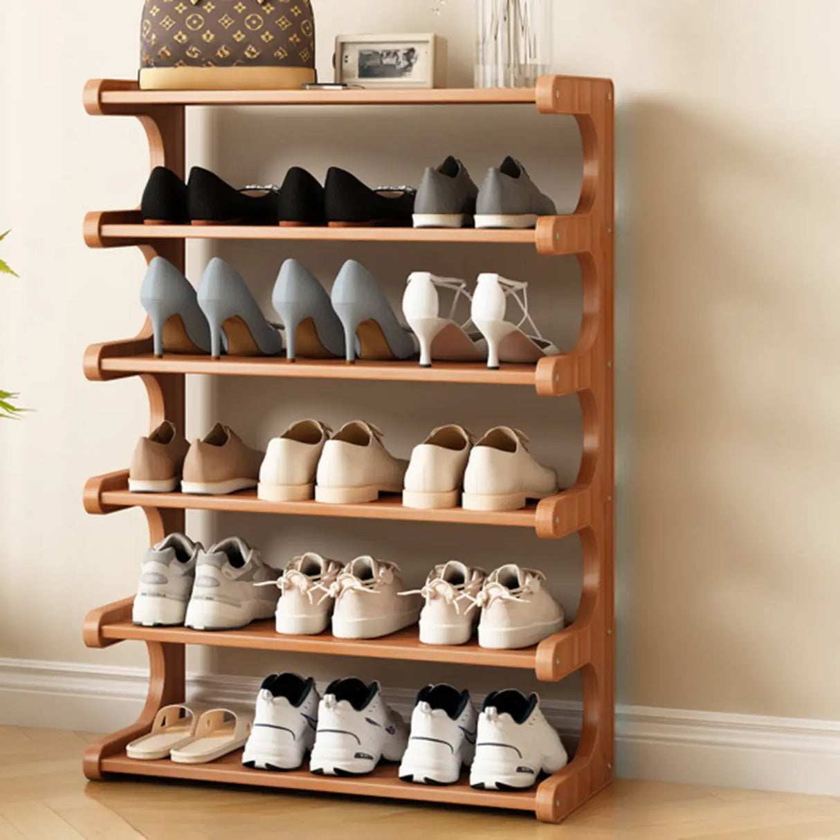 Wood Open Storage Vertical Freestanding Brown Shoe Rack Image - 26
