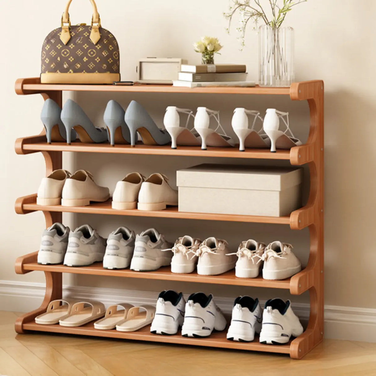 Wood Open Storage Vertical Freestanding Brown Shoe Rack Image - 27