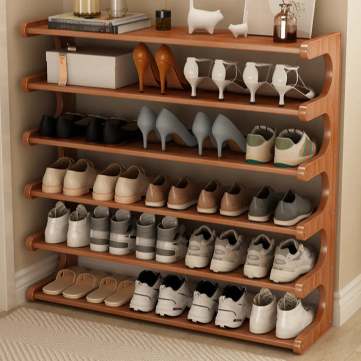 Wood Open Storage Vertical Freestanding Brown Shoe Rack Image - 3