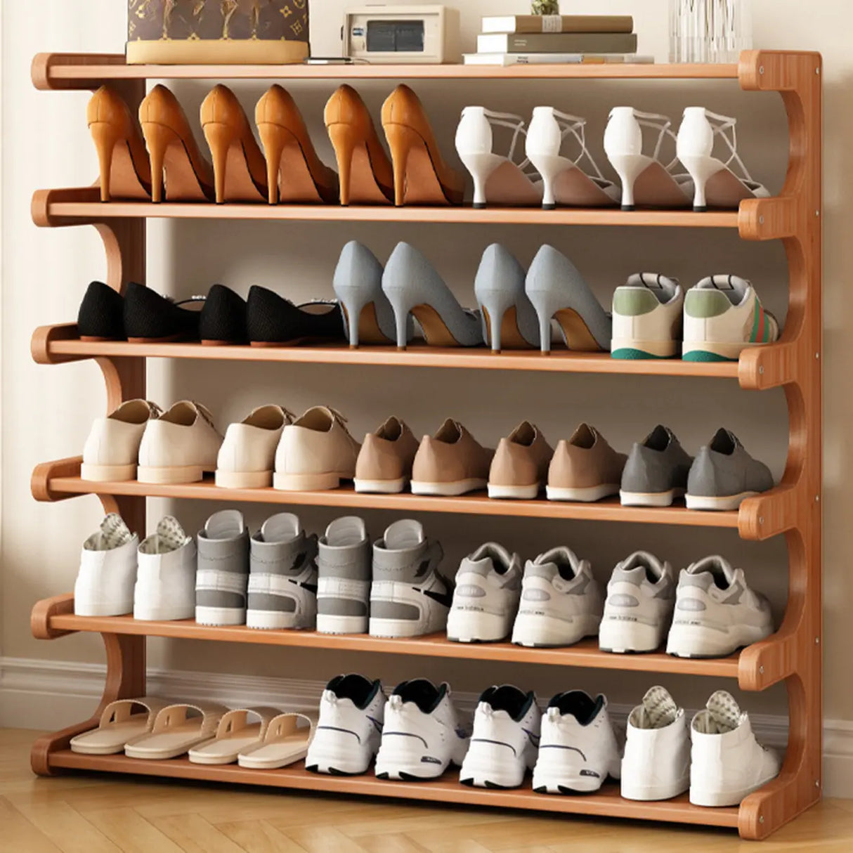 Wood Open Storage Vertical Freestanding Brown Shoe Rack Image - 4