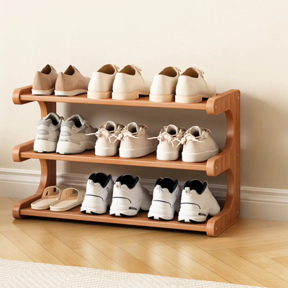 Wood Open Storage Vertical Freestanding Brown Shoe Rack Image - 7