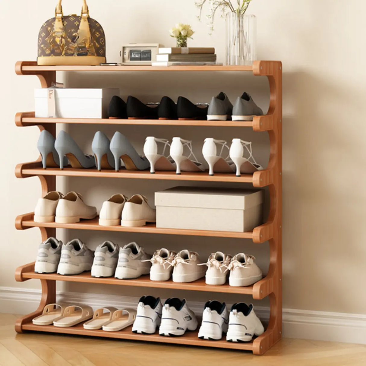 Wood Open Storage Vertical Freestanding Brown Shoe Rack Image - 8