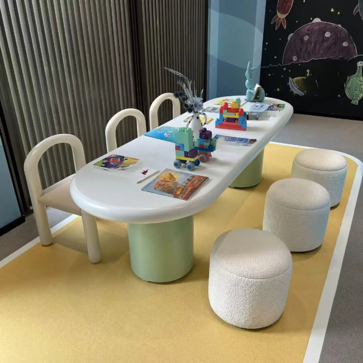 Wood Oval Fixed Height Kids Activity Desk For Six Image - 4