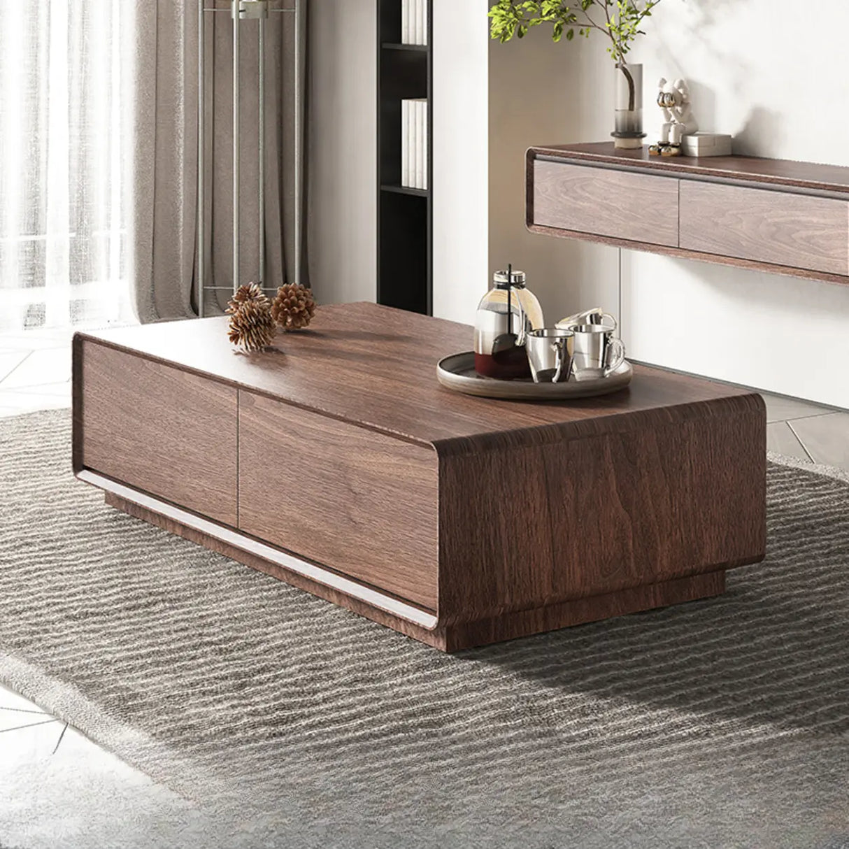 Wood Rectangle Block Base Coffee Table with Storage Image - 11