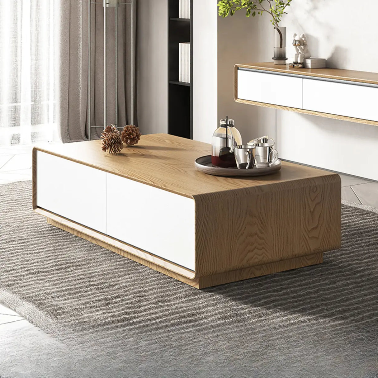 Wood Rectangle Block Base Coffee Table with Storage Image - 12