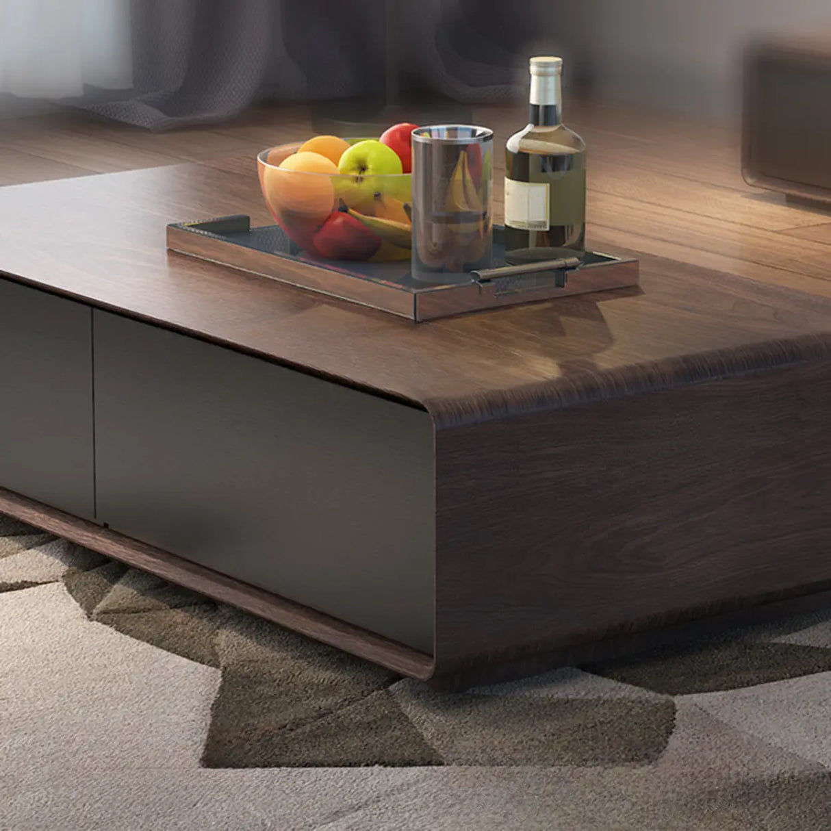 Wood Rectangle Block Base Coffee Table with Storage Image - 3