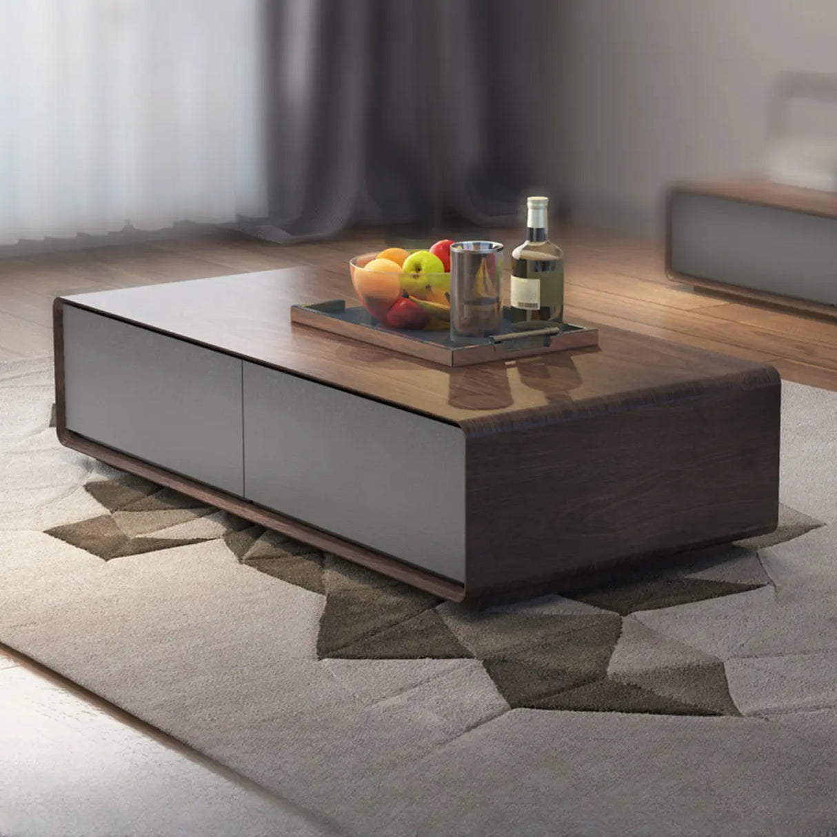 Wood Rectangle Block Base Coffee Table with Storage Image - 6