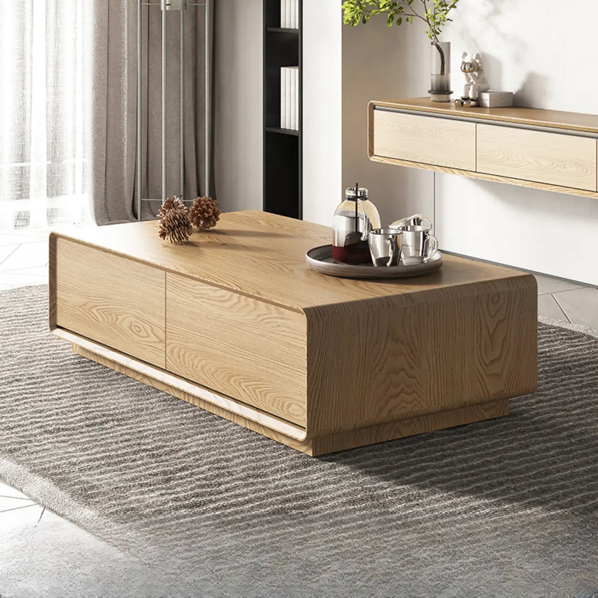 Wood Rectangle Block Base Coffee Table with Storage Image - 9