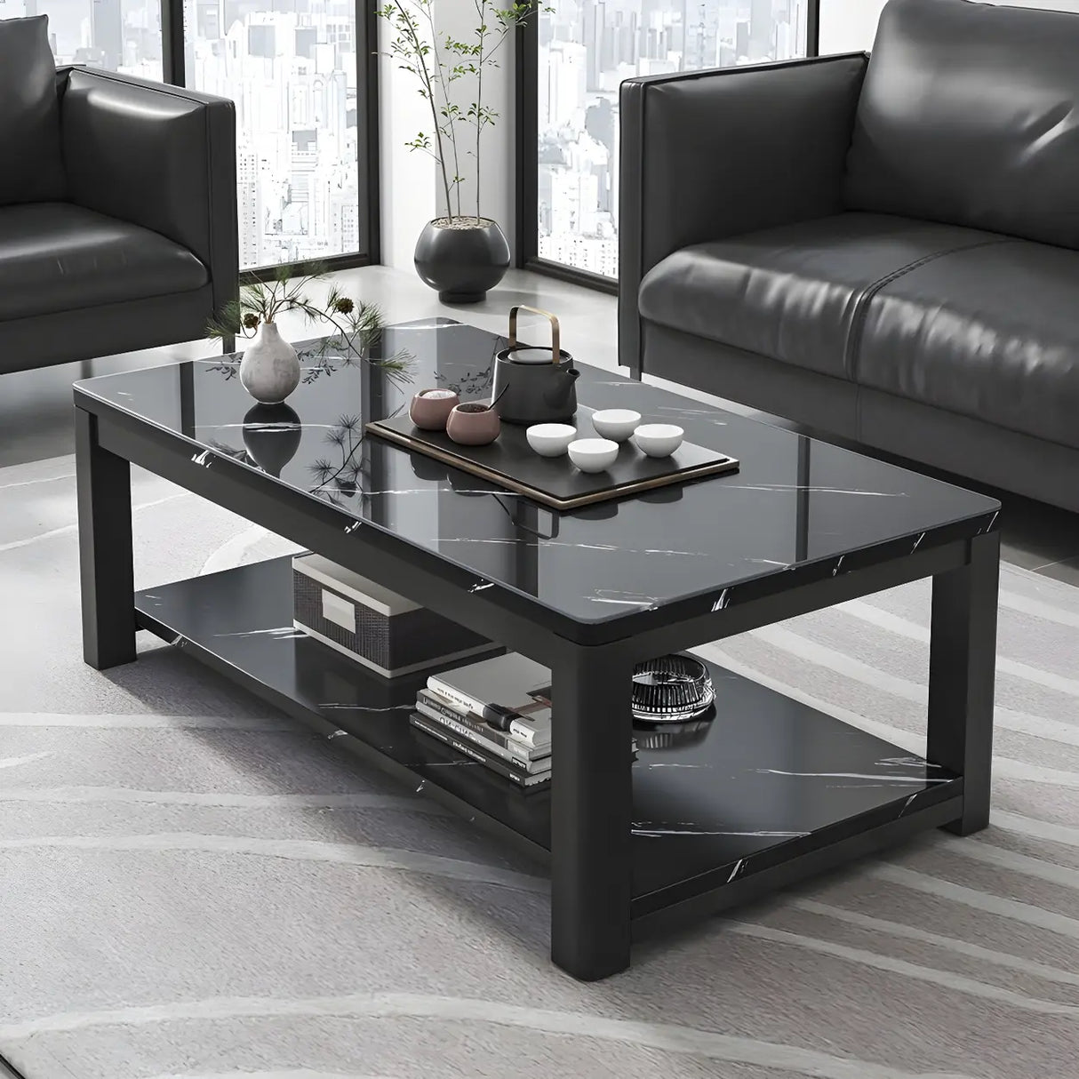 Wood Rectangle Iron Frame Coffee Table with Storage Image - 1