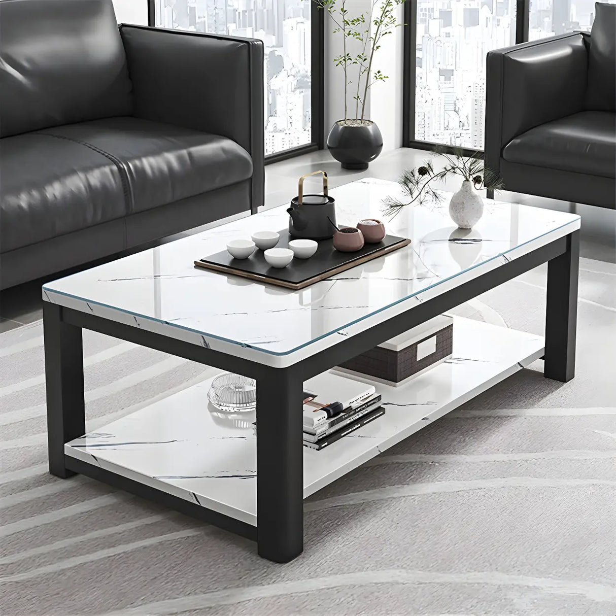 Wood Rectangle Iron Frame Coffee Table with Storage Image - 2