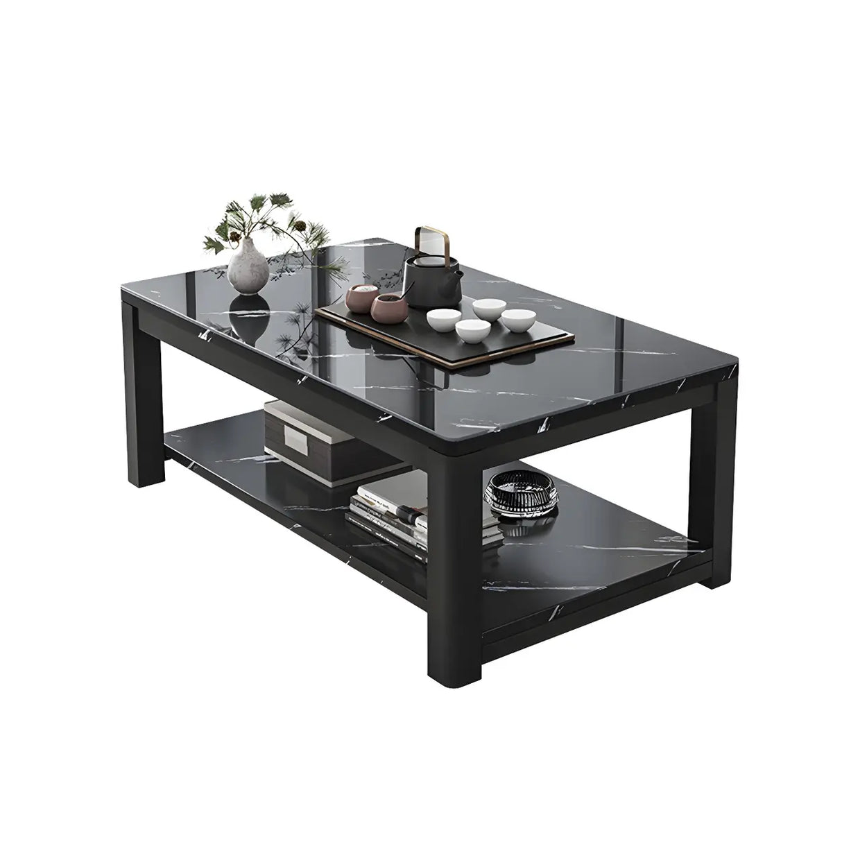 Wood Rectangle Iron Frame Coffee Table with Storage Image - 5