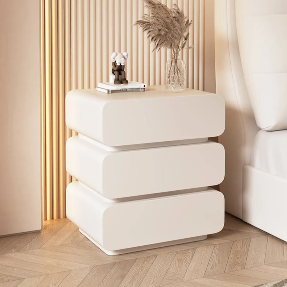 Wood Rectangular Leather Beige 3-Drawer Nightstand Image - 1