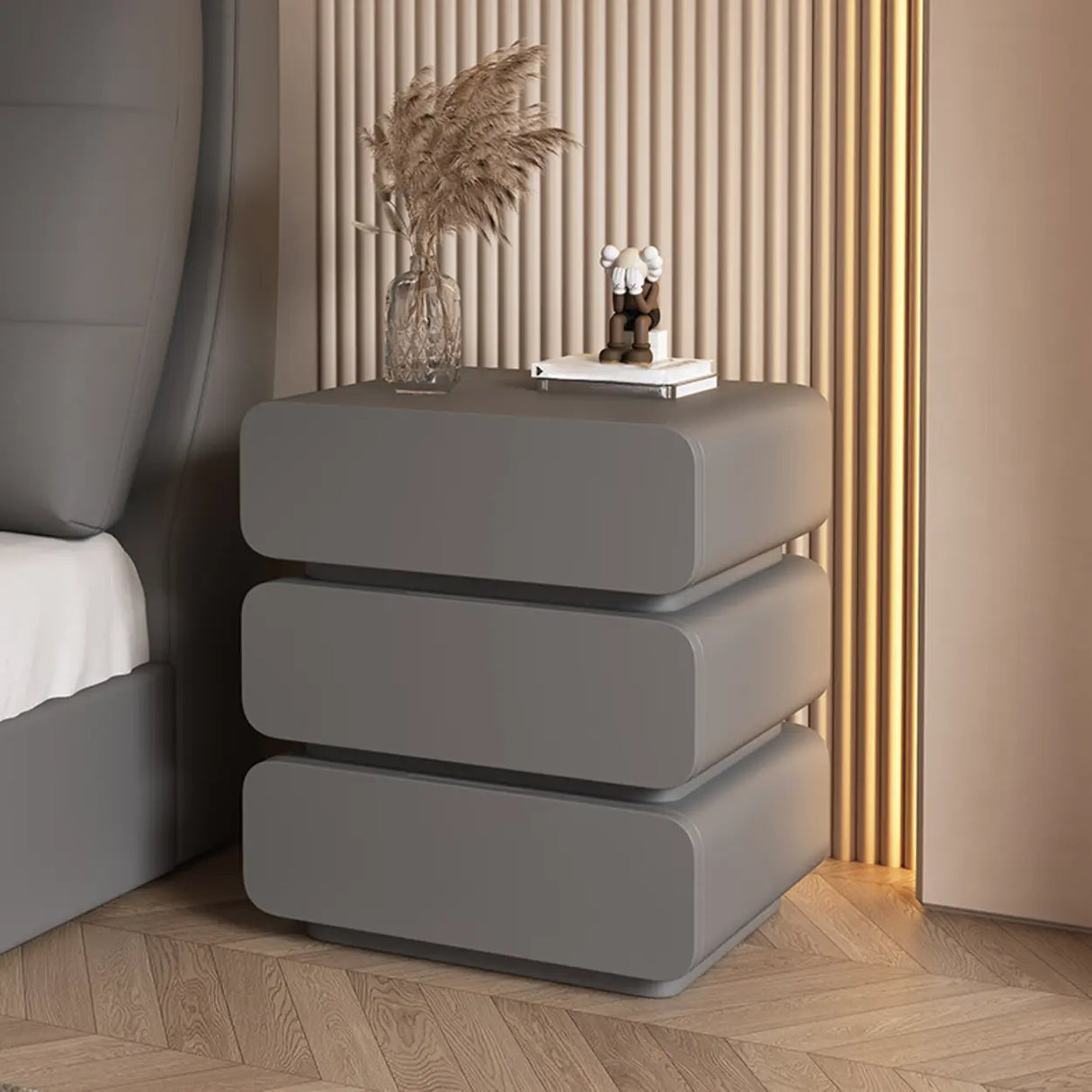 Wood Rectangular Leather Beige 3-Drawer Nightstand Image - 11