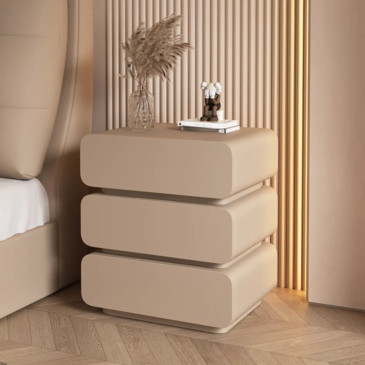 Wood Rectangular Leather Beige 3-Drawer Nightstand Image - 12