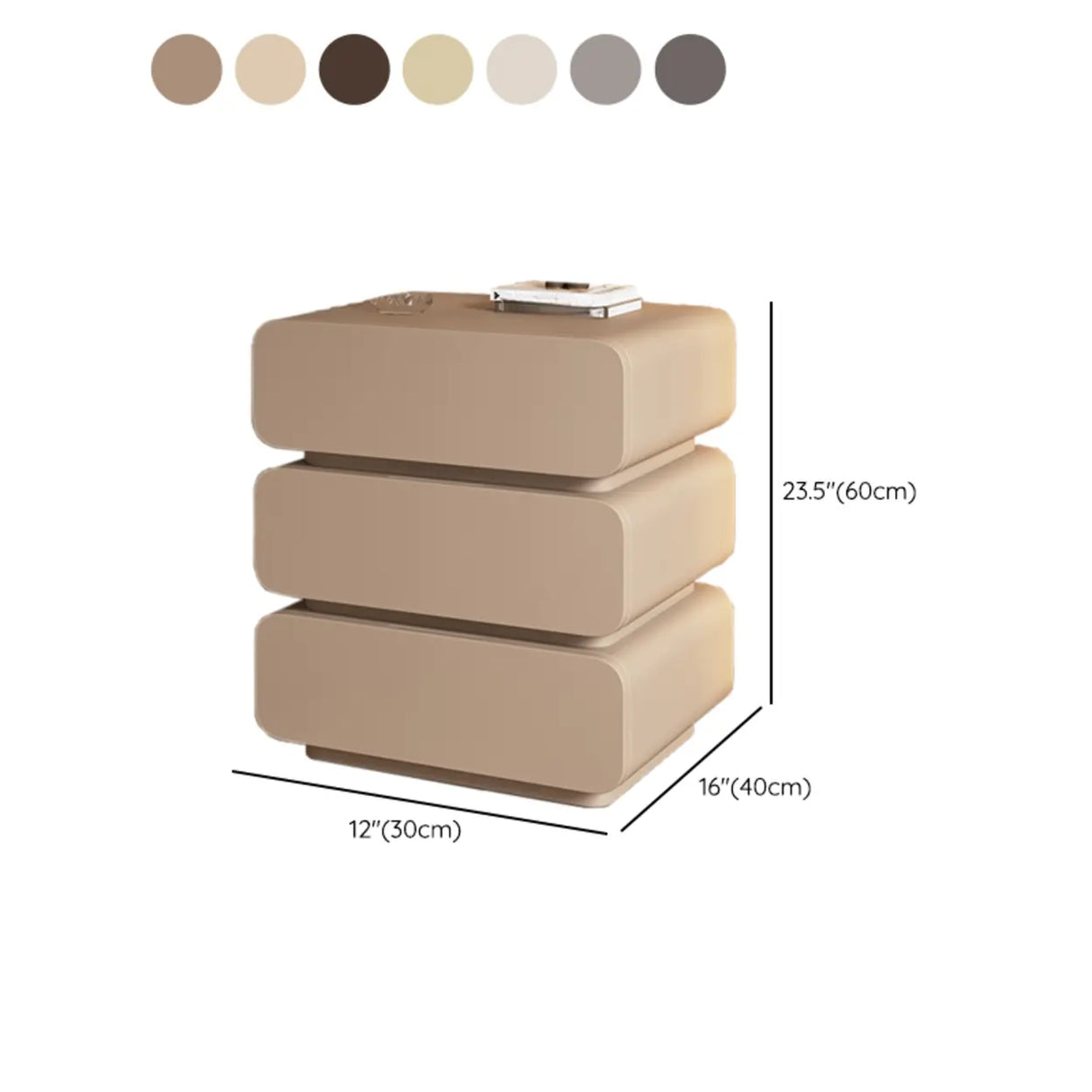 Wood Rectangular Leather Beige 3-Drawer Nightstand