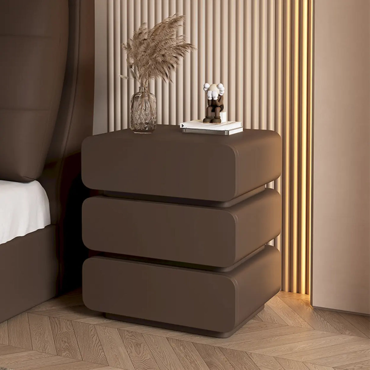 Wood Rectangular Leather Beige 3-Drawer Nightstand Image - 3