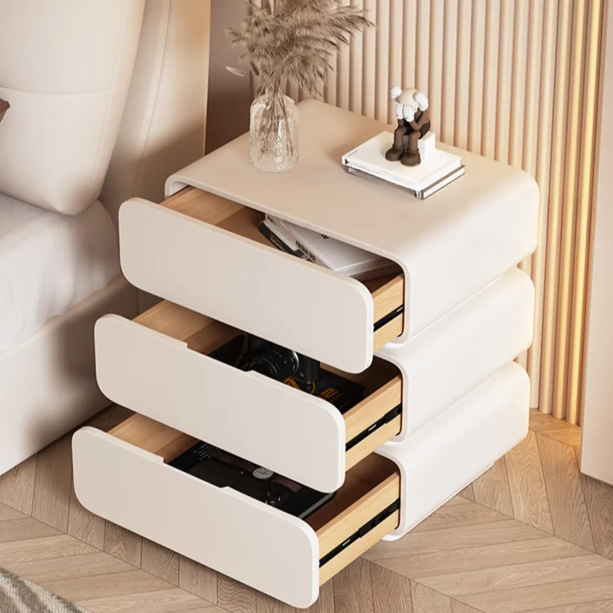 Wood Rectangular Leather Beige 3-Drawer Nightstand Image - 4