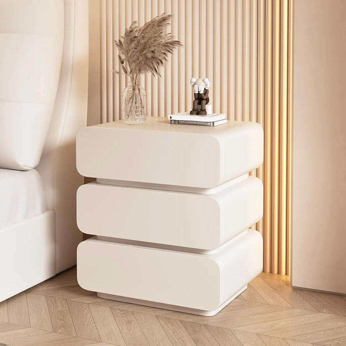 Wood Rectangular Leather Beige 3-Drawer Nightstand Image - 7