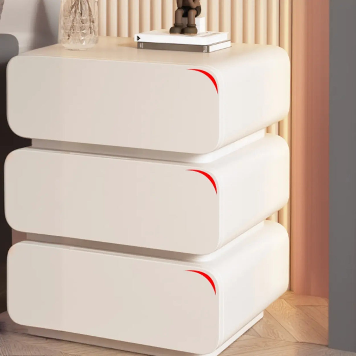 Wood Rectangular Leather Beige 3-Drawer Nightstand Image - 8