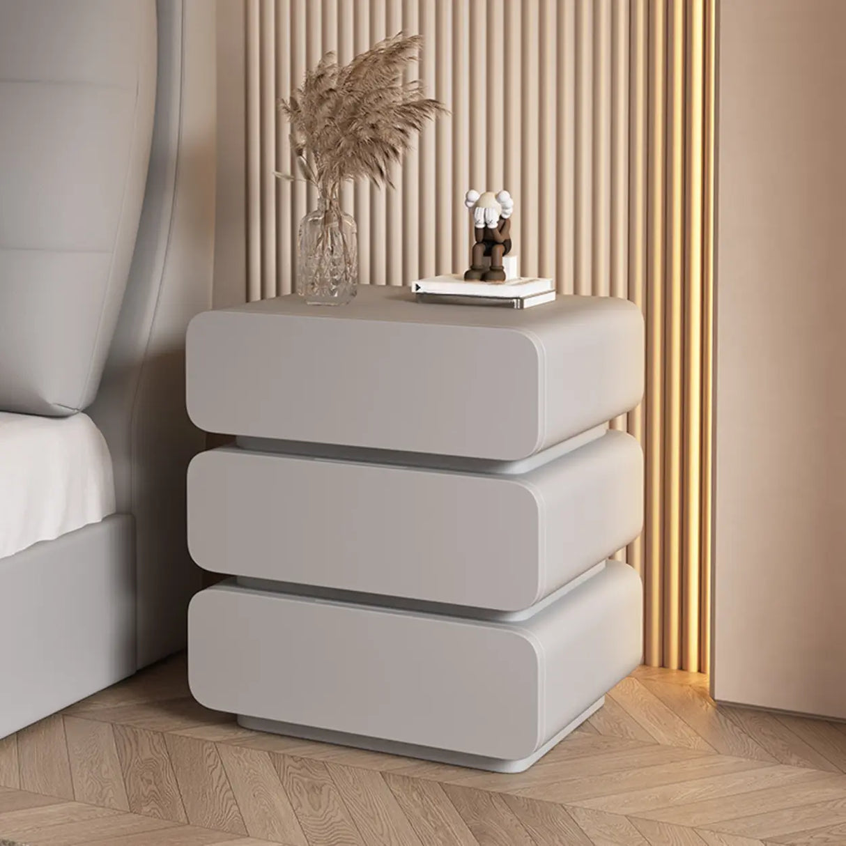 Wood Rectangular Leather Beige 3-Drawer Nightstand Image - 9