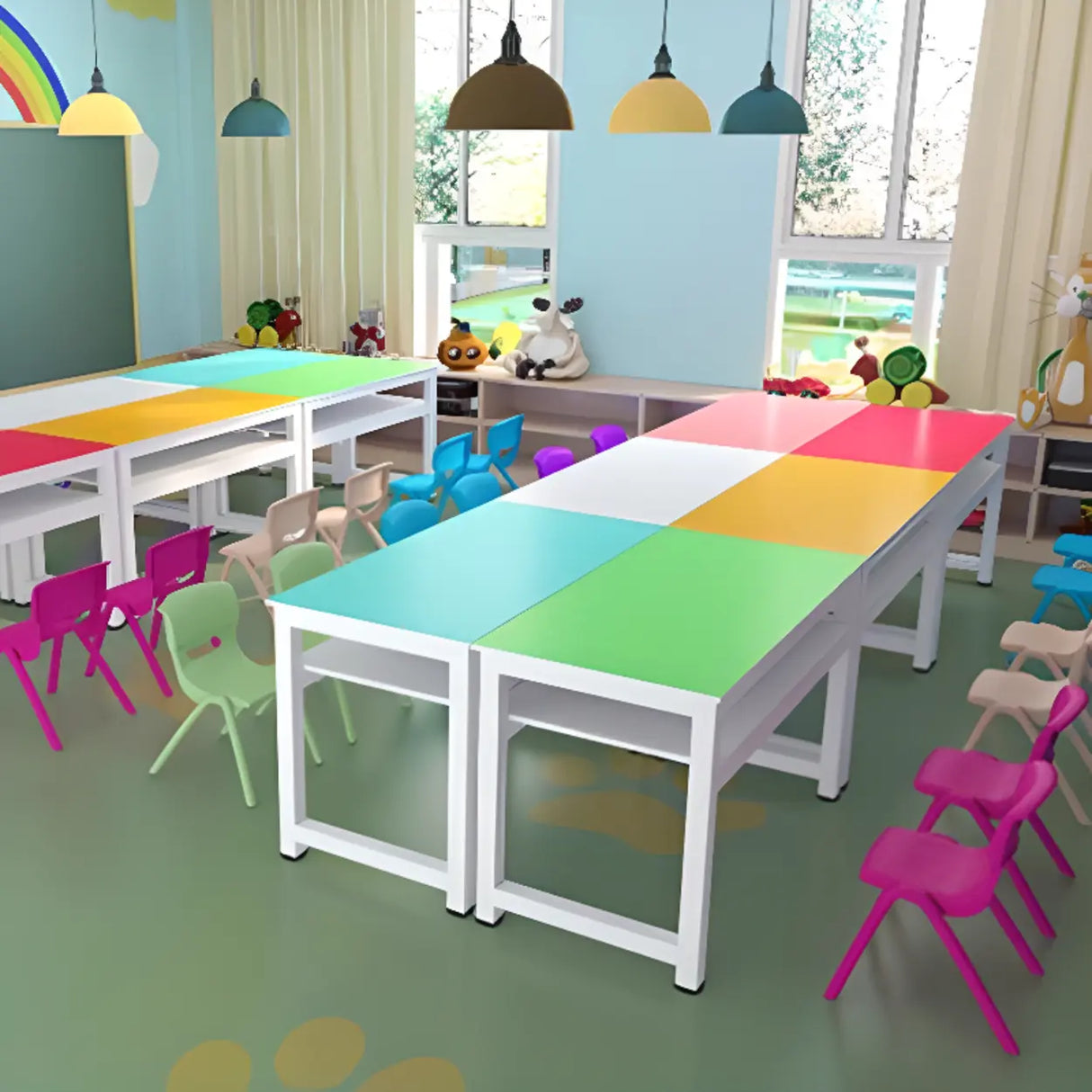 Wood Rectangular Metal Base Kids Desk for Multi-Person Image - 1