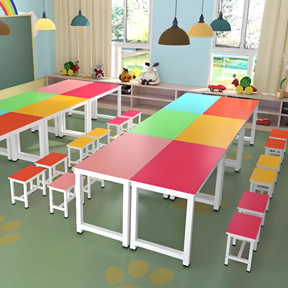 Wood Rectangular Metal Base Kids Desk for Multi-Person Image - 4