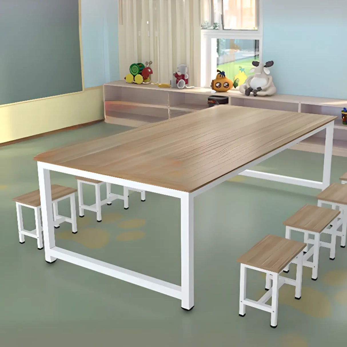 Wood Rectangular Metal Base Kids Desk for Multi-Person Image - 5